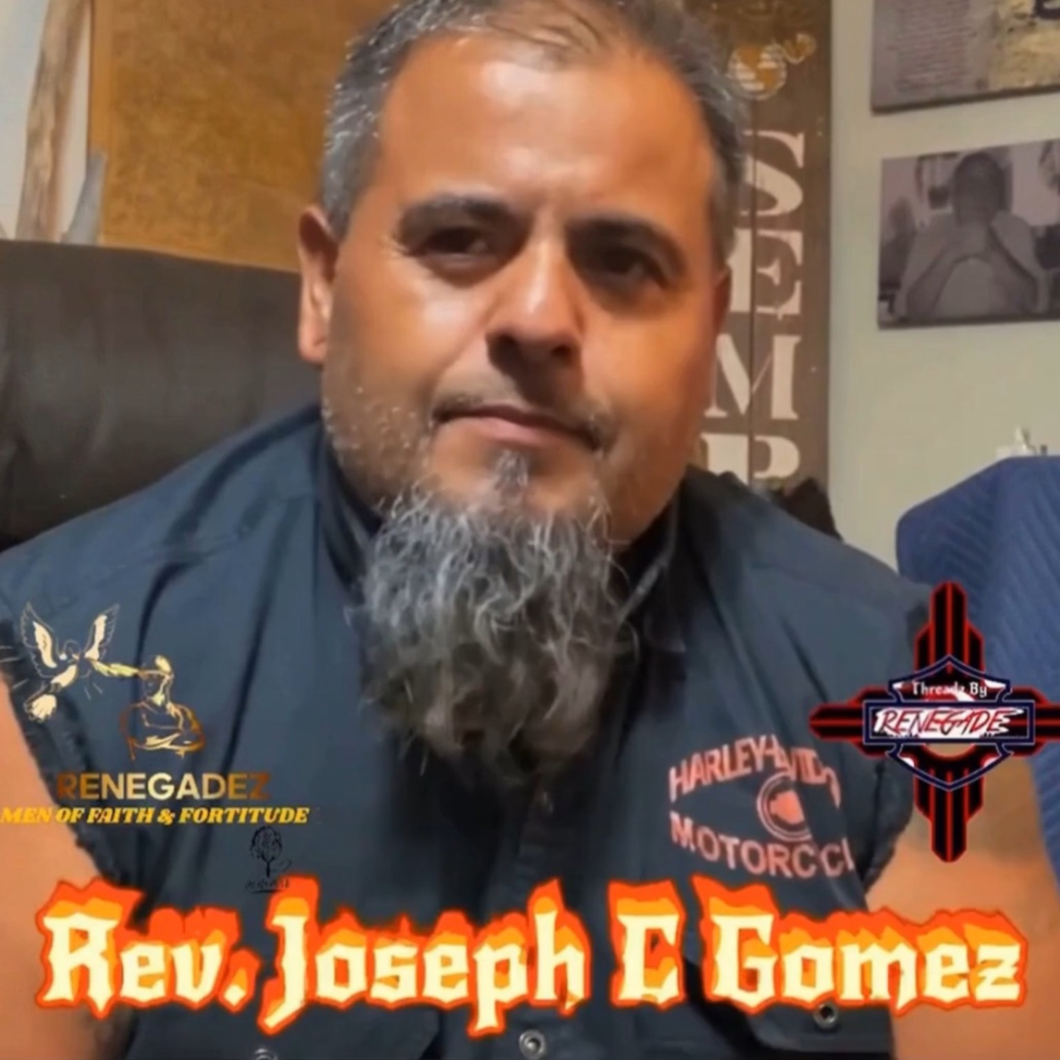 Reverend Joseph C. Gomez in a sleeveless Harley-Davidson shirt
